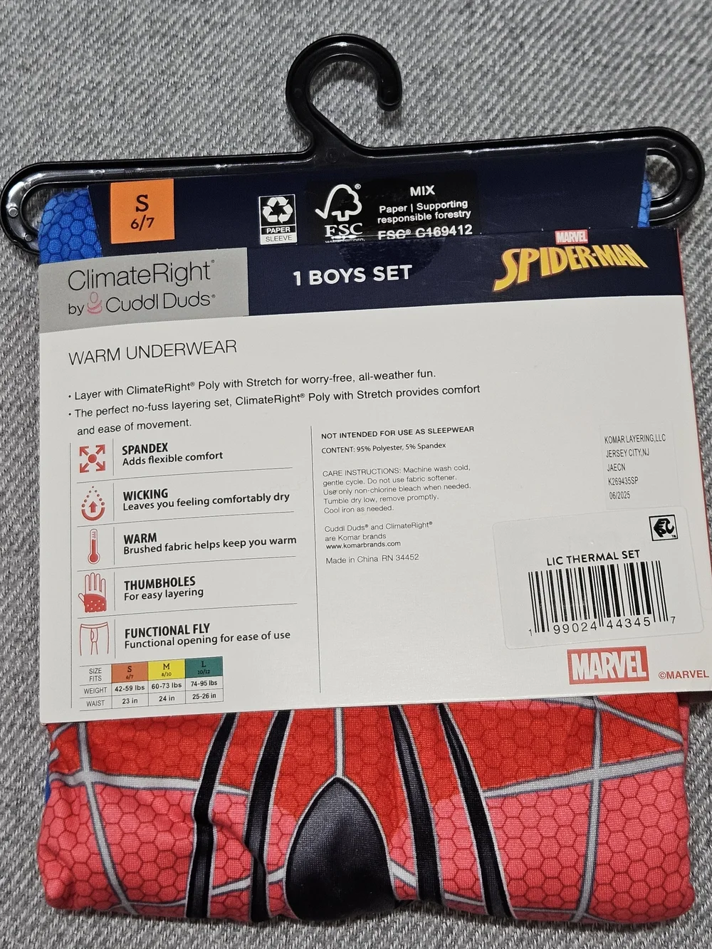 Cuddl Duds Spider-Man Red and Blue Boys Warm Underwear Set